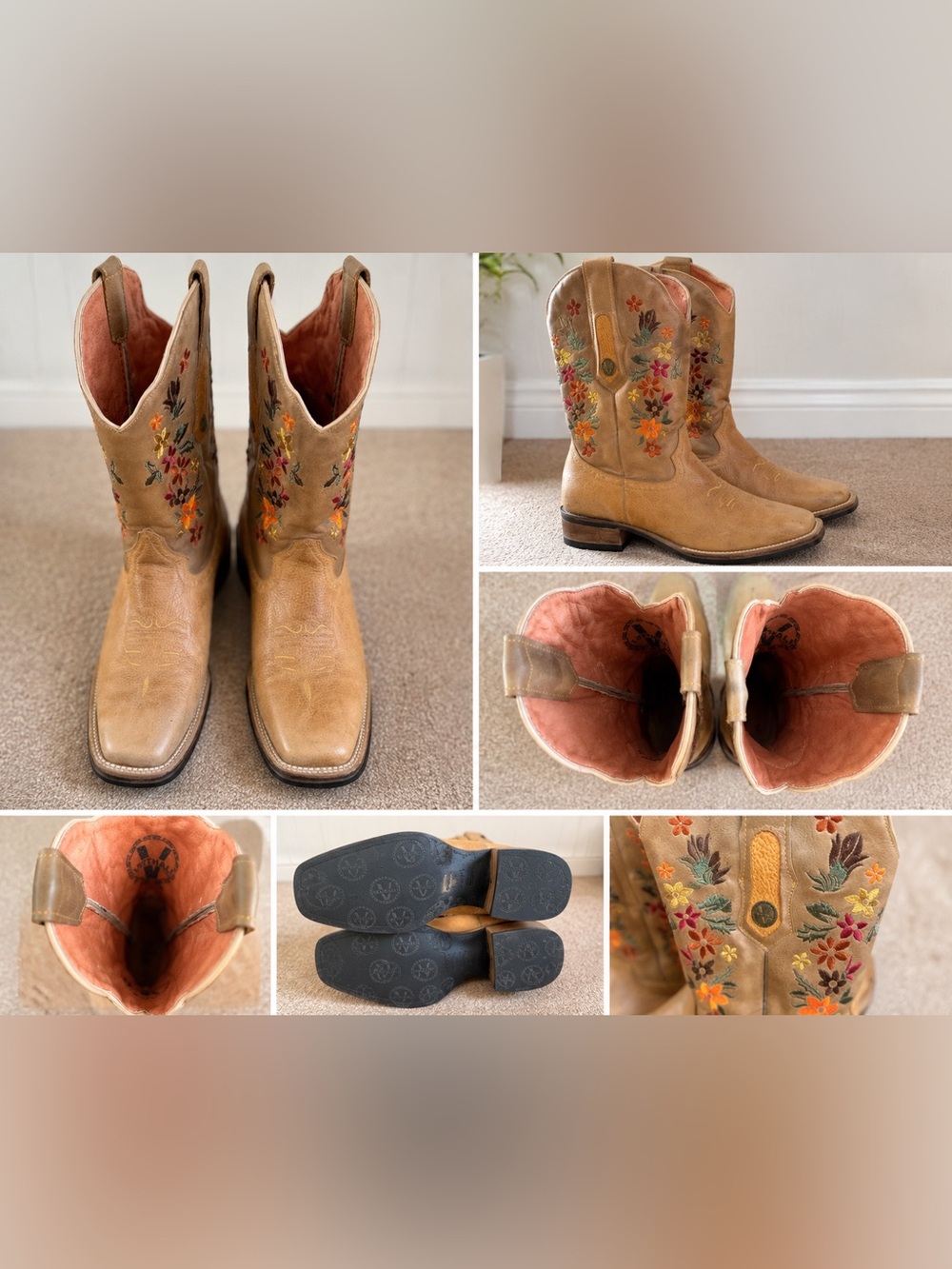 VertHali Women’s Embroidered Western Cowboy Boots – Tan Leather – Square Toe